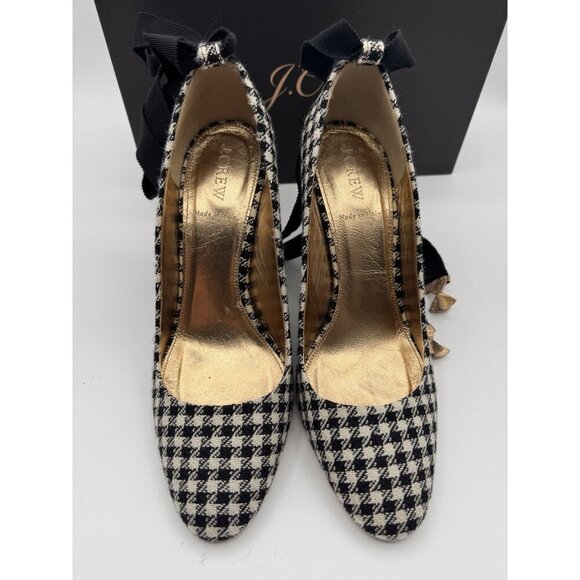 J. Crew Houndstooth Pumps Size 9 Made In Italy Ankle Wrap Bow Ribbon Heels Shoes - Picture 6 of 16